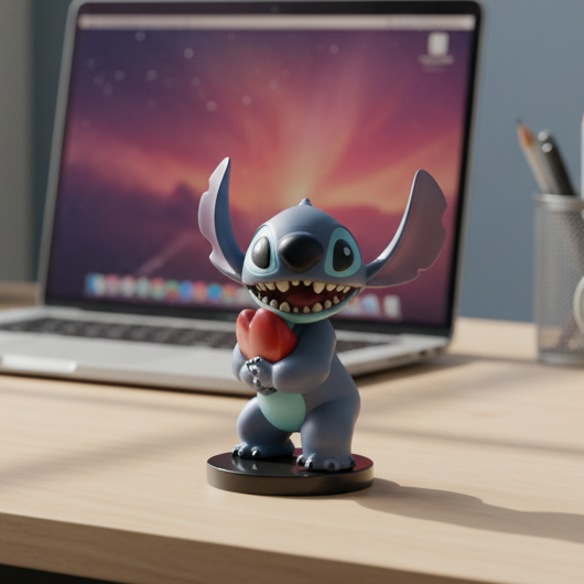 Stitch figurine holding a red heart on a white background