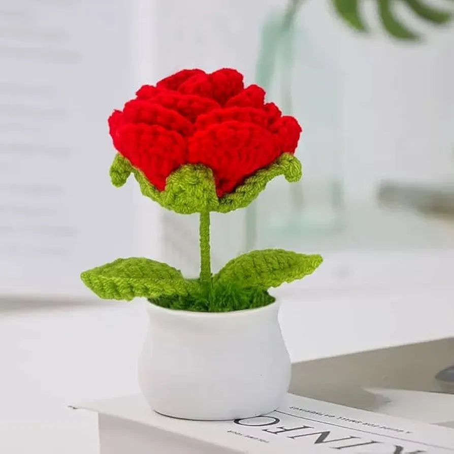 Red Rose in White Pot - Crochet Gift